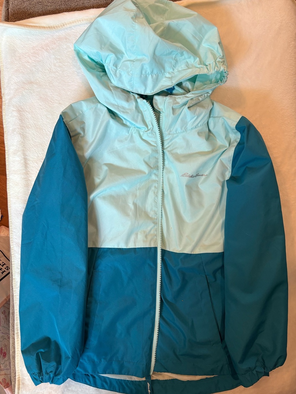 Eddie Bauer Two-Tone Aqua & Teal Hooded Kids Rain Jacket